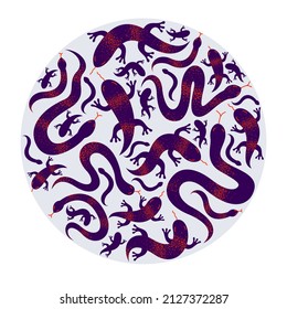 Snakes And Lizards Round Composition In A Circle Vector Design Illustration, Horror And Disgusting Creatures.