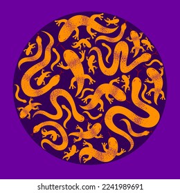 Snakes and lizards round composition in a circle vector design illustration, horror and disgusting creatures.