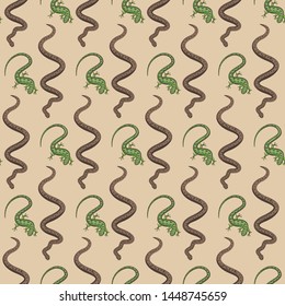 snakes and lizards seamless background, tropical cartoon art