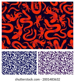Snakes and lizards seamless textile, vector background with a lot of reptiles endless texture, stylish fabric or wallpaper design, dangerous poisoned wild animals.