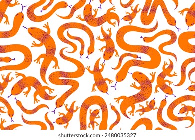 Snakes and lizards seamless textile, vector background with a lot of reptiles endless texture, stylish fabric or wallpaper design, dangerous poisoned wild animals.