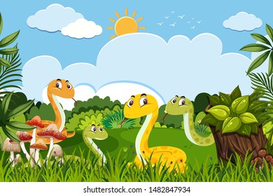 Snakes in nature scene illustration