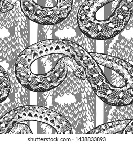 Snakes on the background with a snake skin texture. Seamless pattern. Template for the design of textiles, wallpapers, paper. Decorative background with reptile drawings. Vintage. Black and white.