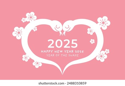 Snakes pair new year 2025 with love message card. Snakes couple for chinese new year of the snake 2025 greeting card. Two snakes forming a heart shape.