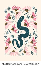 Cartaz de serpentes e coneflorescências cor-de-rosa. Fundo de flores e animais répteis. Cartão bege. Ilustração plana desenhada à mão vetorial