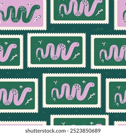 Snakes post stamps seamless pattern. Vector hand drawn pink and dark green illustration.