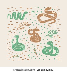 Afiche de serpientes. Fondo animal reptil. Tarjeta de felicitación. Vector dibujado a mano ilustración plana