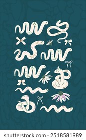 Cartaz das cobras. Animais répteis com fundo de flores e arcos. Cartão escuro. Ilustração desenhada à mão vetorial