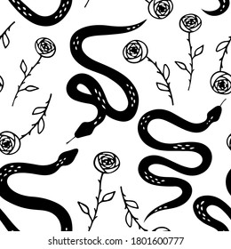 Snakes and roses on light background. Botanical background on tropical theme. Black and white snake. Boho flat design for fabric, textile, wrapping paper, wallpaper