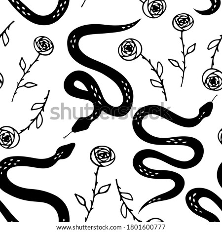 Snakes and roses on light background. Botanical background on tropical theme. Black and white snake. Boho flat design for fabric, textile, wrapping paper, wallpaper