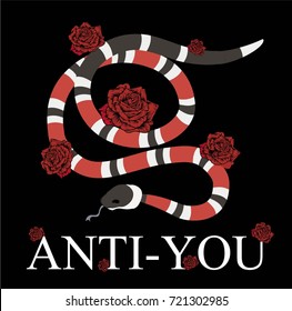 Snakes and roses.Embroidery and printing use. Idea for business visit card, typography vector.Print for t-shirt