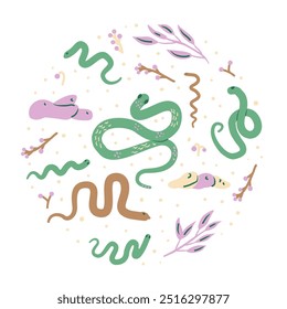 Snakes round badge. Chinese New Year snake circle emblem. Vector hand drawn illustration isolated on white background.