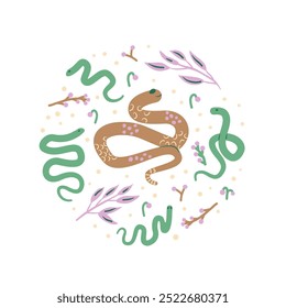 Snakes round badge. Chinese New Year snake circle emblem. Vector hand drawn illustration isolated on white background.