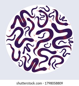 Snakes round composition in a circle vector design illustration, serpent horror and disgusting creatures.