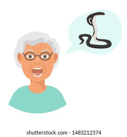 Snakes scared head of eldery woman cartoon vector illustration. Grandmother suffering from the fear and terror of poisonous snake cobra.