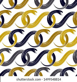 Snakes seamless background, vector dangerous venom serpents pattern, vintage style drawing tiling endless wallpaper.