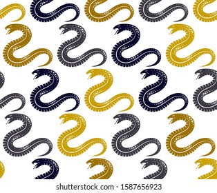 Snakes seamless background, vector dangerous venom serpents pattern, vintage style drawing tiling endless wallpaper.