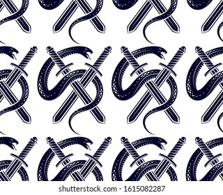 Snakes seamless background, vector dangerous venom serpents pattern, vintage style drawing tiling endless wallpaper.