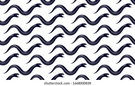 Snakes seamless background, vector dangerous venom serpents pattern, vintage style drawing tiling endless wallpaper.