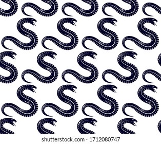 Snakes seamless background, vector dangerous venom serpents pattern, vintage style drawing tiling endless wallpaper.