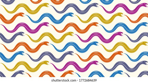 Snakes seamless background, vector dangerous venom serpents pattern, vintage style drawing tiling endless wallpaper.