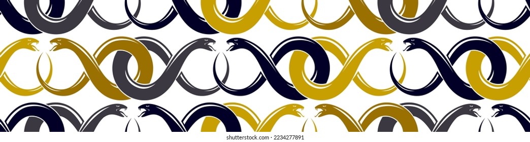 Snakes seamless background, vector dangerous venom serpents pattern, vintage style drawing tiling endless wallpaper.