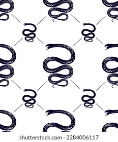 Snakes seamless background, vector dangerous venom serpents pattern, vintage style drawing tiling endless wallpaper.