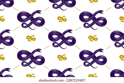 Snakes seamless background, vector dangerous venom serpents pattern, vintage style drawing tiling endless wallpaper.