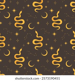 Snakes seamless pattern. Celestial mystic repeated ornament, magical occult symbols, stars, moons, constellation, Vector art for decor, textile, wrapping paper. Modern print on dark background