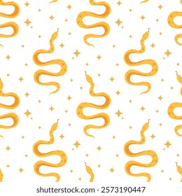 Snakes seamless pattern. Golden mystic serpents, repeated ornament, magical occult symbols. Vector illustration for decor, textile, wrapping paper, modern print on white background