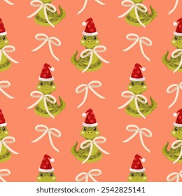 snakes. Seamless pattern with green snakes in red caps and bows. bows on an orange background. symbol of the New Year 2025. Pattern for clothes, wallpaper, bags, wrapping paper, dishes, notebooks, box