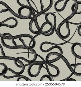 Cobra padrão sem emenda no fundo cinza. Padrão de cobra, preto cinza padrão sem emenda com várias cobras bonitos. Vetor plano de fundo realista.