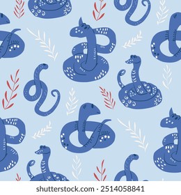 Snakes seamless pattern. Reptiles repeat background. Animal surface pattern design. Perfect for nursery wallpaper, kids fabric. Vector hand drawn illustration.