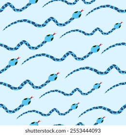 Snakes seamless pattern. Reptiles repeat background. Animal surface pattern design. Perfect for nursery wallpaper, kids fabric. Vector hand drawn illustration.