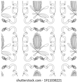 Snakes Seamless Pattern with Snake and Australia banksia flower. Wild flower  Fashion Background for Textile Fabric, Prints, Wallpaper. Animal Reptile Ornamental Texture. Vector 