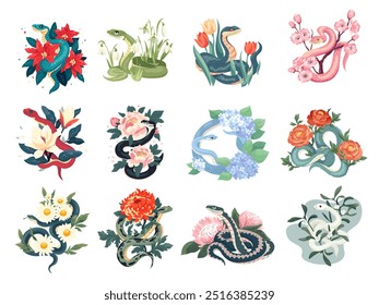 Snakes with seasonal flowers Vector illustration template for 2025 Year of Snake Beautiful flowers composition with symbol of Chinese new year. Floral typography for print, tee, card, flyer, banner