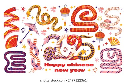 Snakes set. Chinese 2025 New Year symbol, happy animal character mascot. Lunar new year concept. Chinese zodiac snake in geometric flat modern style vector illustration isolated on white background