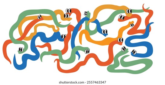 snakes set in doodle style in vector. Year of snake. Elements for decoration design stickers postcards poster print invitation mascot