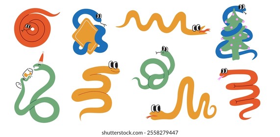 snakes set in doodle style in vector. Year of snake. Elements for decoration design stickers postcards poster print invitation mascot