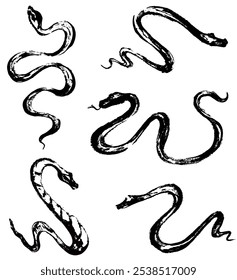 Serpentes ajustadas. Animal desenhado à mão à tinta. Ilustração de uma cobra de estilo japonês desenhada com um pincel. Escovas. Símbolo chinês de ano novo. A besta do calendário lunar asiático. Silhueta