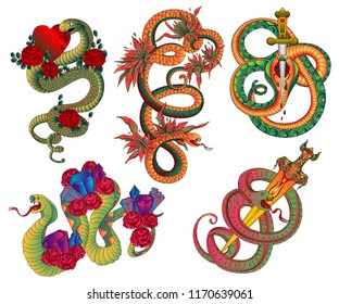 Snakes set. Old school tattoo design. Black and white isolated elements. Vector illustration 