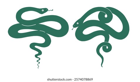 Ilustração da silhueta das cobras. Pedaços planos de cobras isoladas sobre fundo branco. Simples imagens decorativas de répteis.