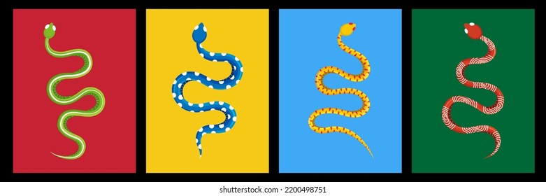 Snakes silhouette set. Different posters with exotic snakes. Wild poisonous rattlesnakes. Tropical toxic reptiles poster template