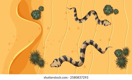 Snakes slither among desert cacti and sand dunes