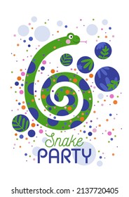 Snake's style party invitation. Illustration of the colorful cute snake and pattern