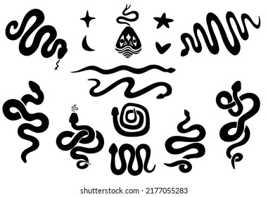 Snakes vector isolated. hand drawn flat style. Reptiles decorative biology.Boho mystic astrology. Sticker graphic element.Web icon silhouette. Black and white tattoo.