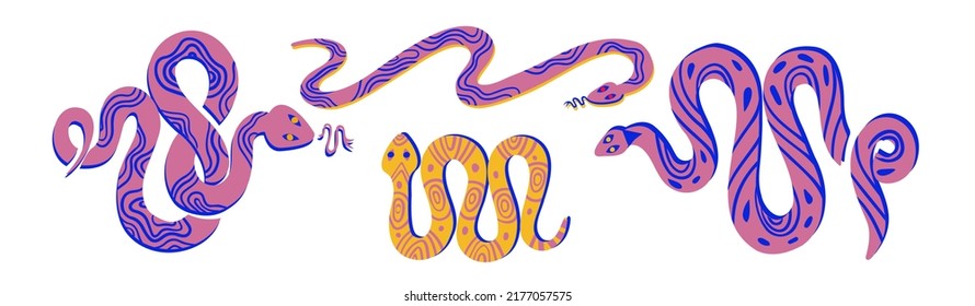 Snakes vector isolated. hand drawn flat style. Reptiles decorative biology.Boho mystic astrology. Sticker graphic element.Web icon silhouette.Cobra animal.tropical wild 
