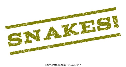 Snakes! watermark stamp. Text tag between parallel lines with grunge design style. Rubber seal stamp with scratched texture. Vector color ink imprint on a white background.
