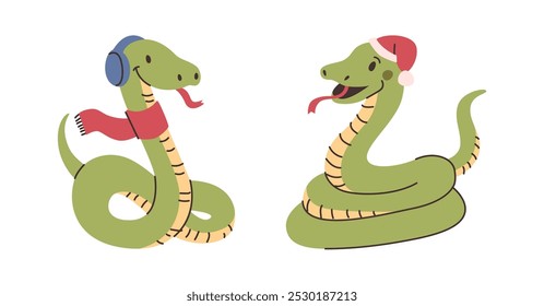 Snakes wearing winter clothes. Vector in flat style, isolated personages for christmas holiday. Greeting postcard decoration or emoticon, sticker. Serpent with scarf and santa claus hat