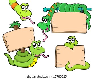 Snakes with wooden signs - vector illustration.